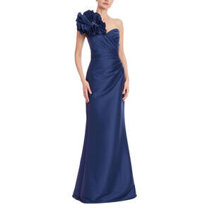 Badgley Mischka Navy One-Shoulder Draped Bodice Trumpet Gown $880 Mikado sz 4